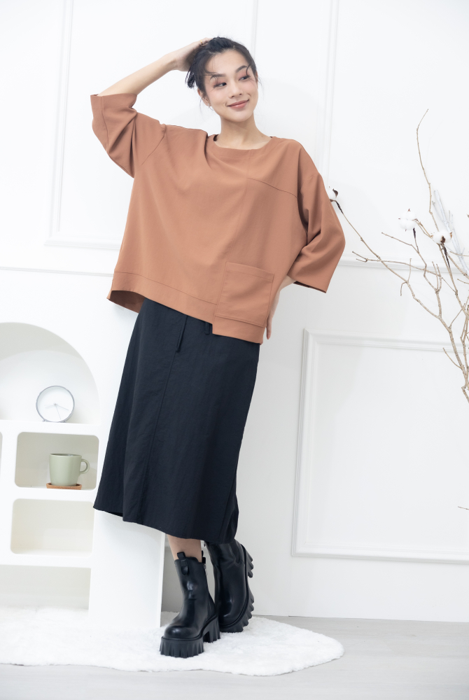 치마 綁帶下擺開衩長裙 / 黑色