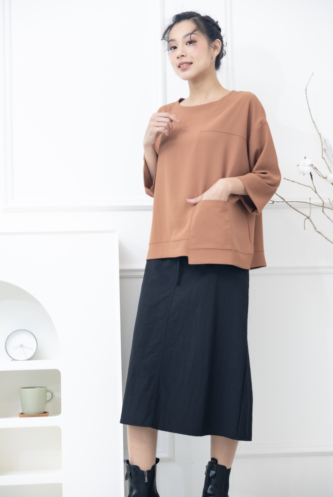 치마 綁帶下擺開衩長裙 / 黑色