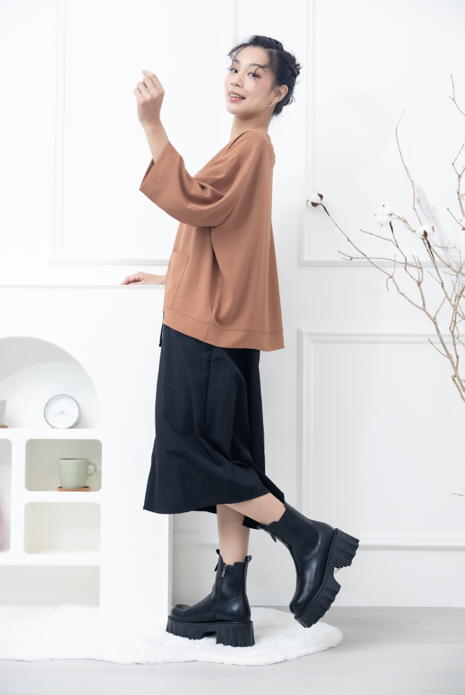 치마 綁帶下擺開衩長裙 / 黑色