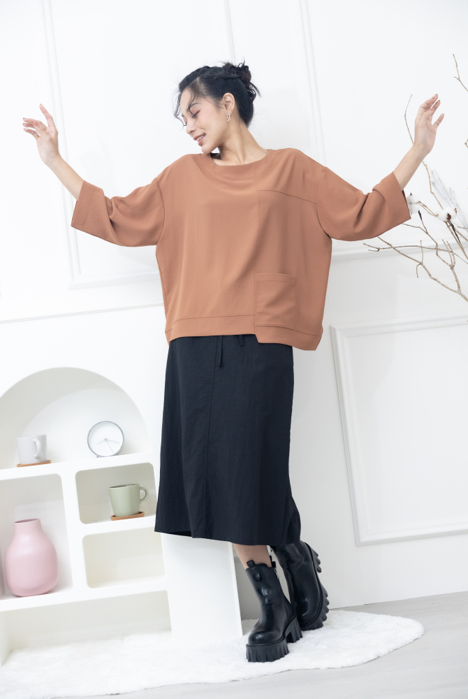 치마 綁帶下擺開衩長裙 / 黑色