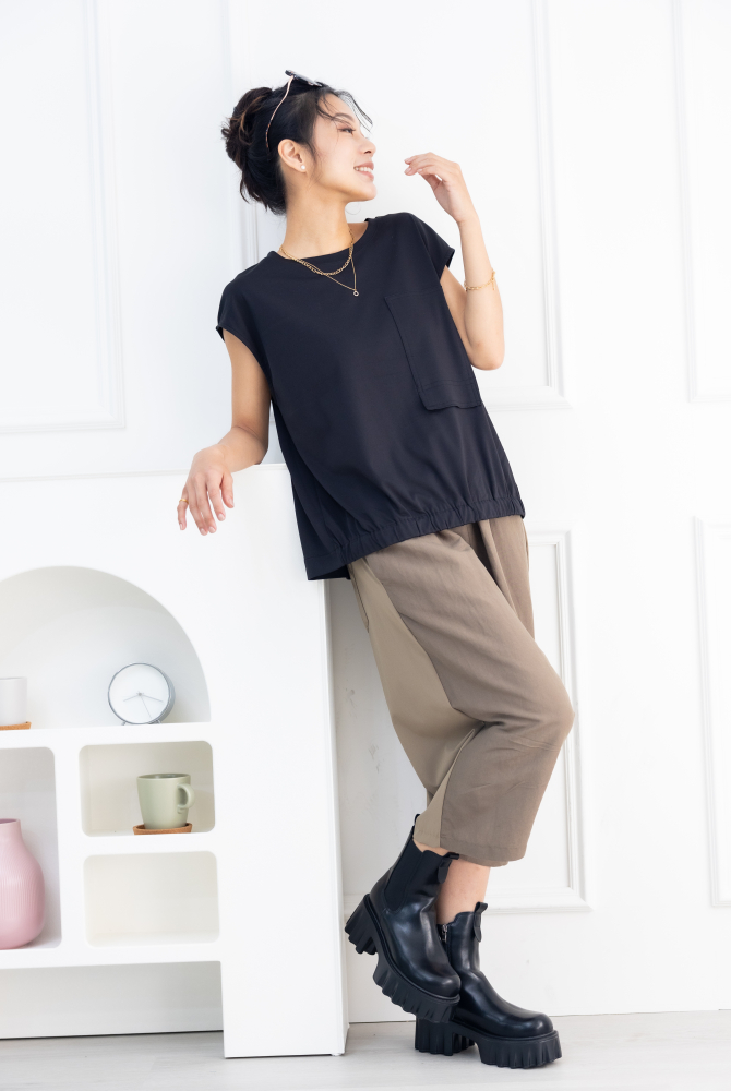 긴 바지 異材質拼接七分寬褲 / 卡其色