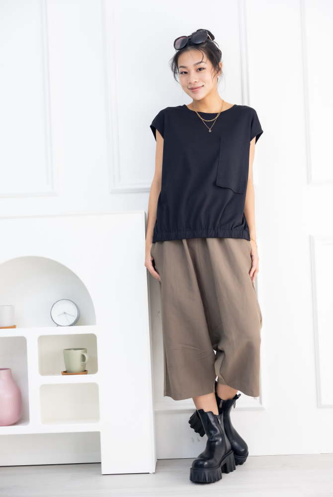 긴 바지 異材質拼接七分寬褲 / 卡其色