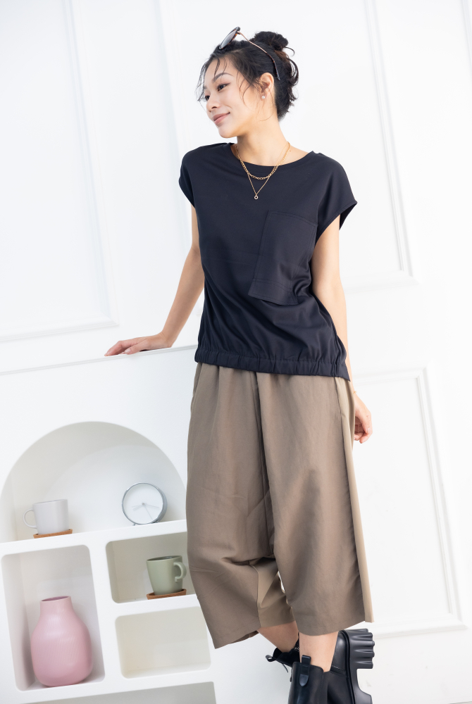 긴 바지 異材質拼接七分寬褲 / 卡其色