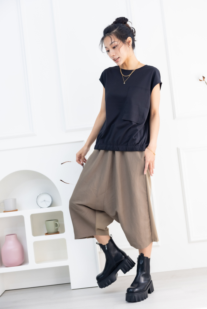 긴 바지 異材質拼接七分寬褲 / 卡其色