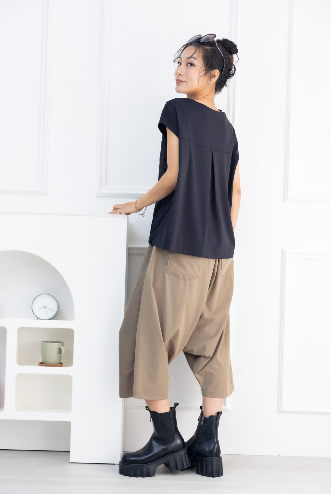 긴 바지 異材質拼接七分寬褲 / 卡其色