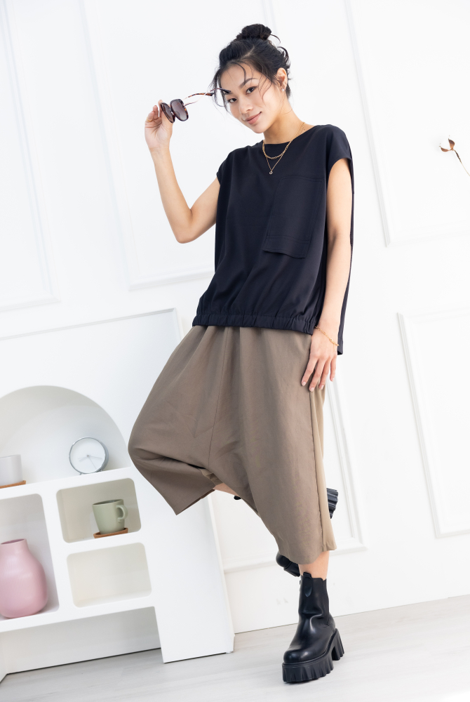 긴 바지 異材質拼接七分寬褲 / 卡其色