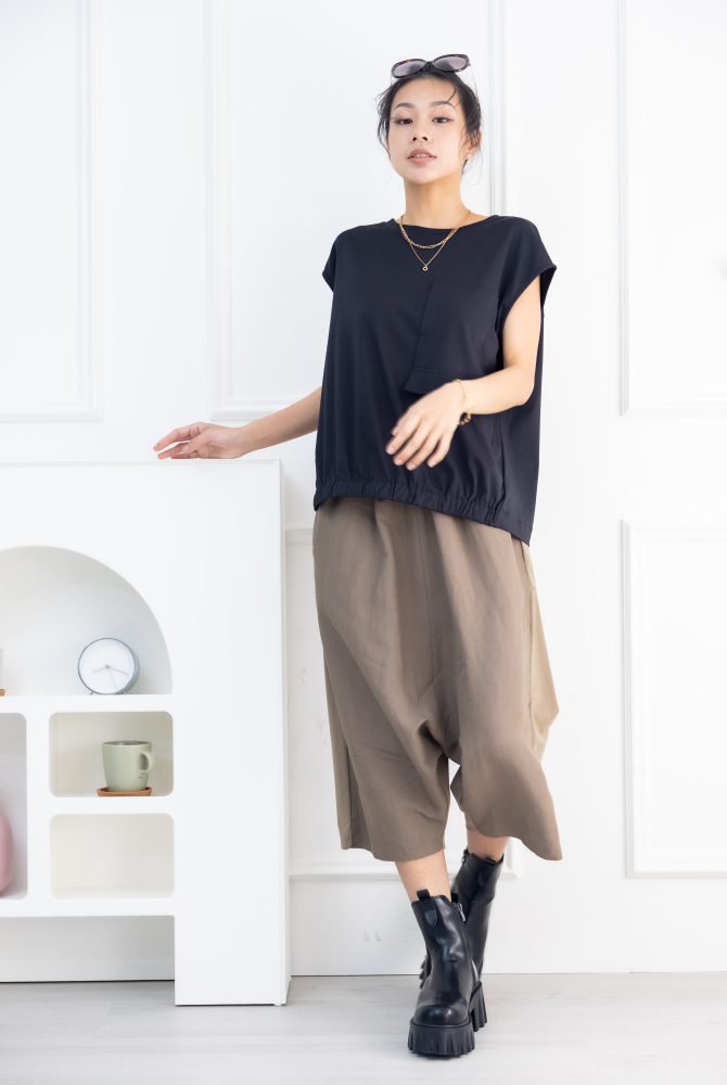 긴 바지 異材質拼接七分寬褲 / 卡其色