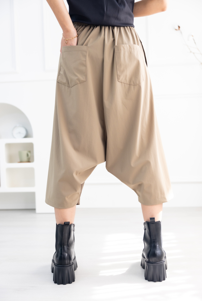 긴 바지 異材質拼接七分寬褲 / 卡其色