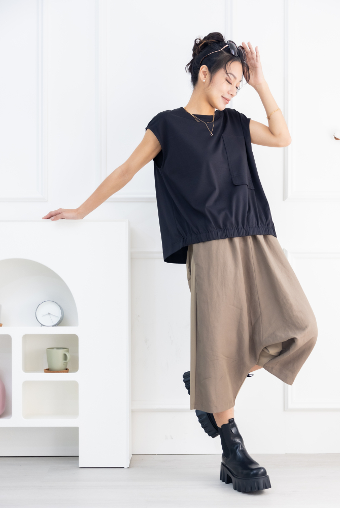 긴 바지 異材質拼接七分寬褲 / 卡其色