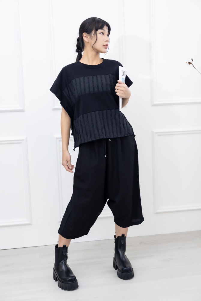 긴 바지 異材質拼接七分寬褲 / 黑色