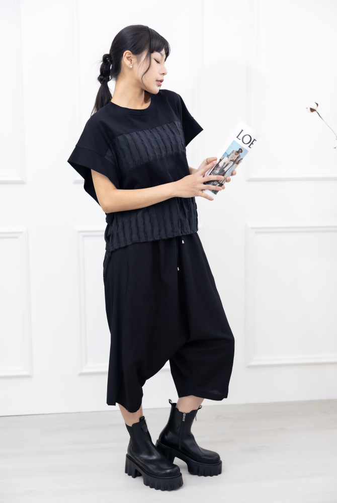 긴 바지 異材質拼接七分寬褲 / 黑色