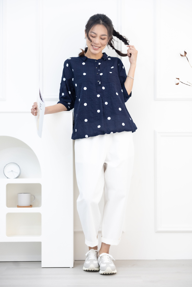 반팔 白點半開襟襯衫領上衣 / 深藍色