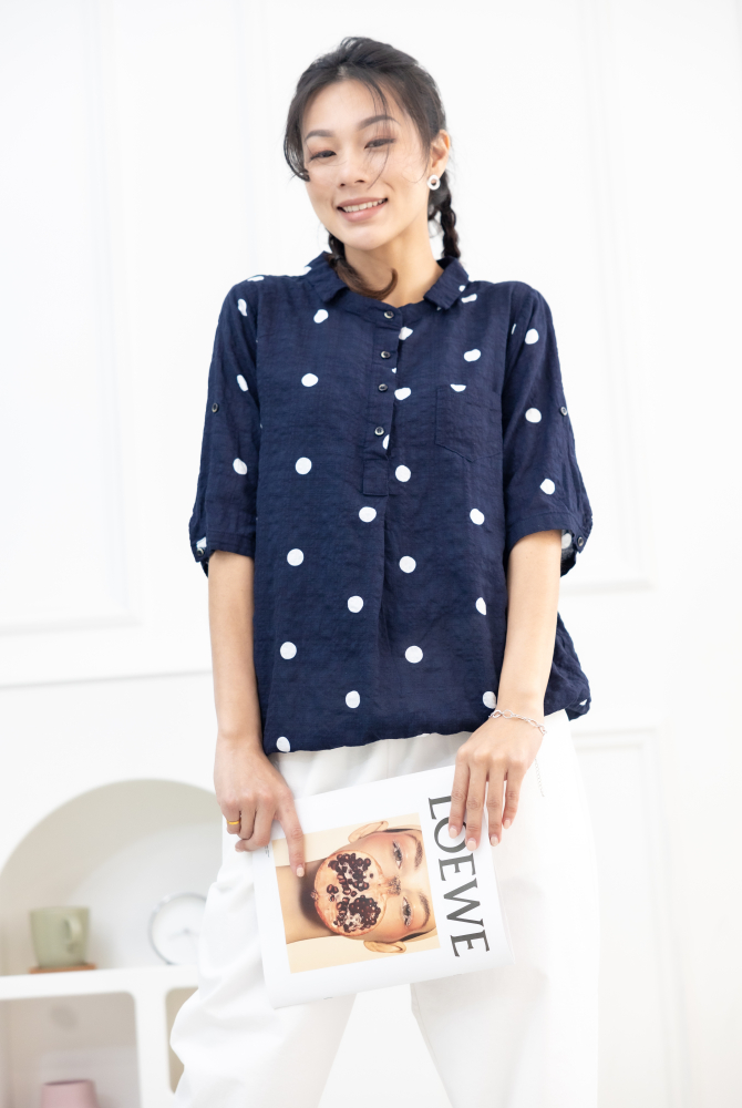 반팔 白點半開襟襯衫領上衣 / 深藍色