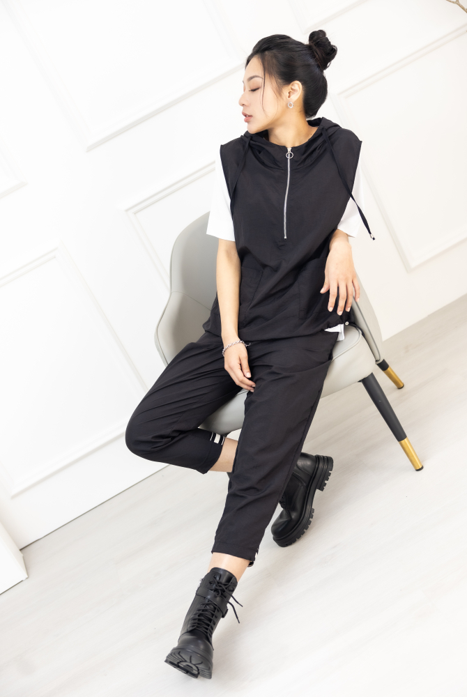 긴 바지 織帶褲腳八分褲 / 黑色