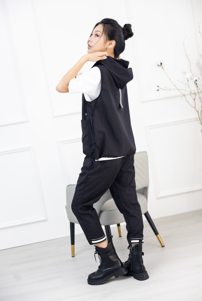 긴 바지 織帶褲腳八分褲 / 黑色