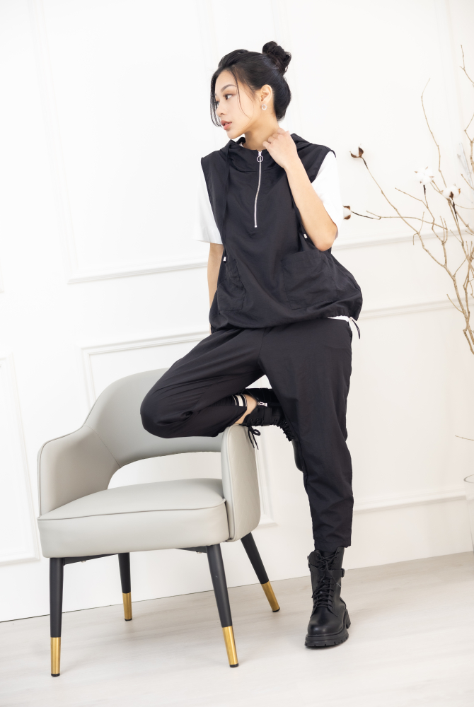 긴 바지 織帶褲腳八分褲 / 黑色