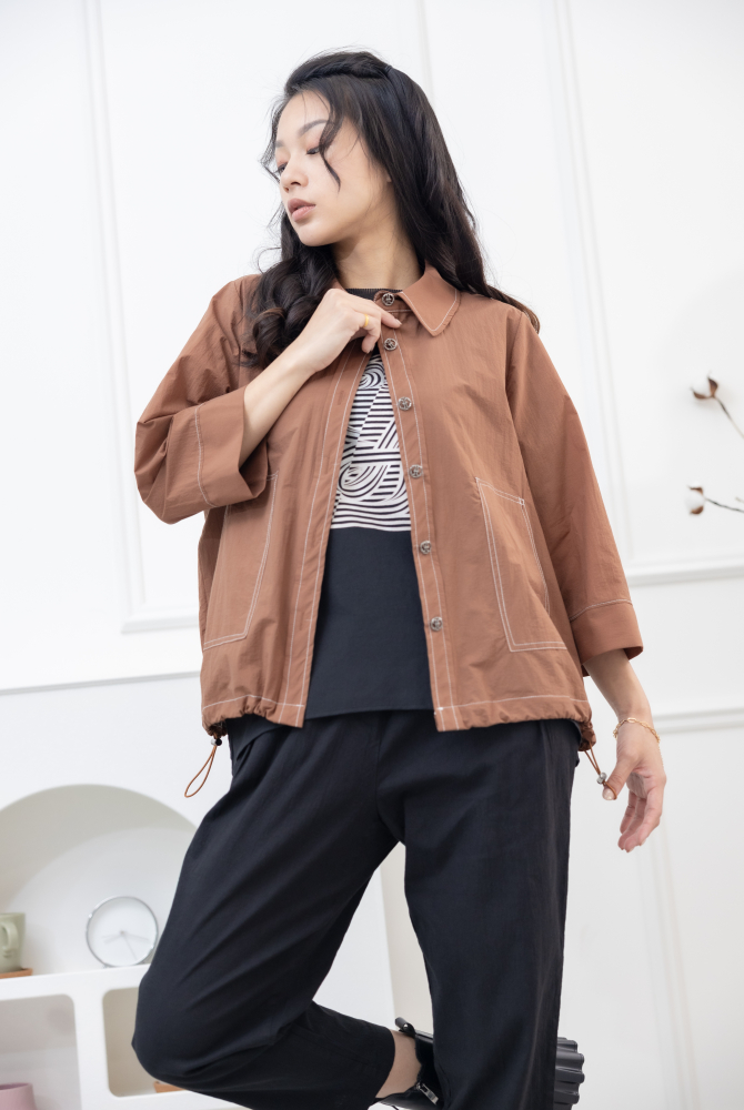 긴팔 코트 金屬感鈕扣7分袖襯衫領外套 / 土色