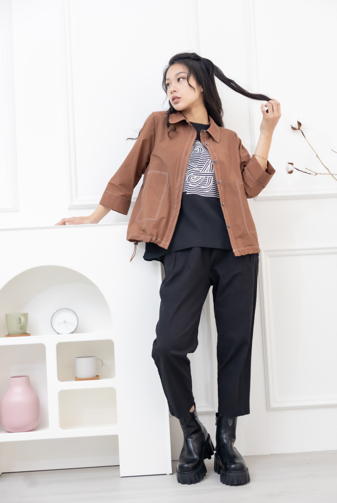 긴팔 코트 金屬感鈕扣7分袖襯衫領外套 / 土色