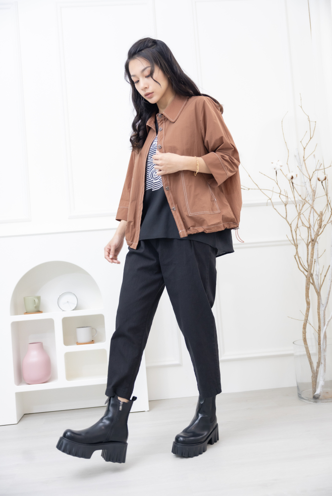 긴팔 코트 金屬感鈕扣7分袖襯衫領外套 / 土色