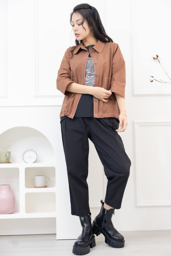 긴팔 코트 金屬感鈕扣7分袖襯衫領外套 / 土色