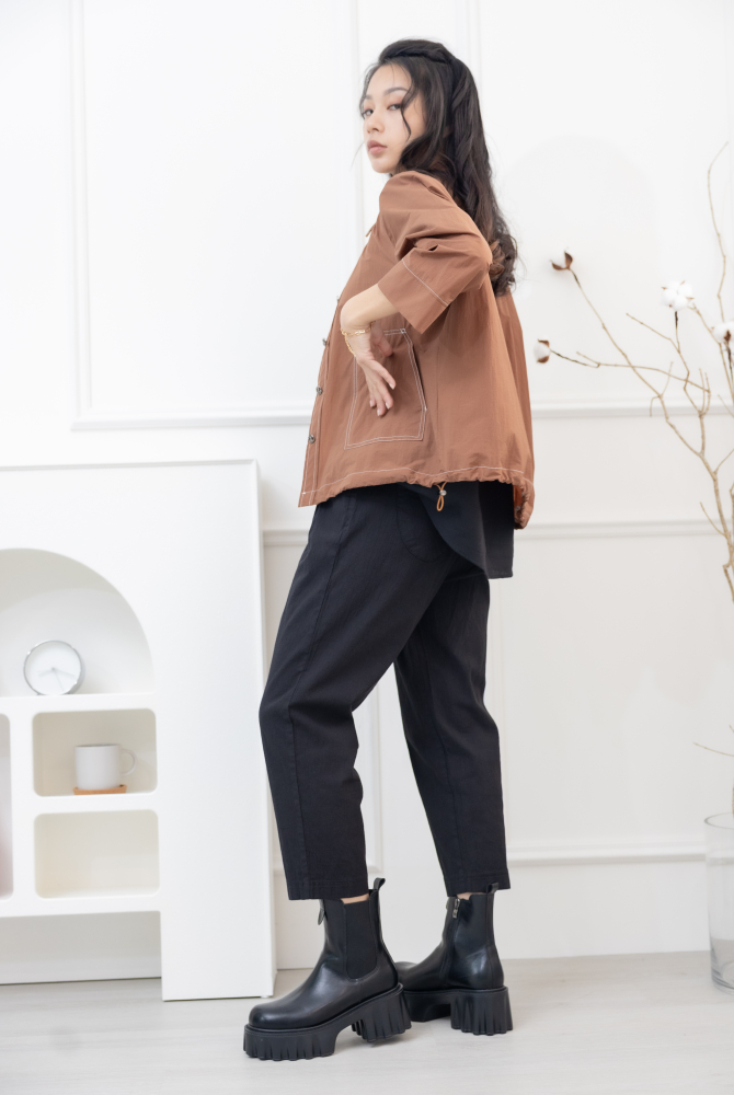 긴팔 코트 金屬感鈕扣7分袖襯衫領外套 / 土色