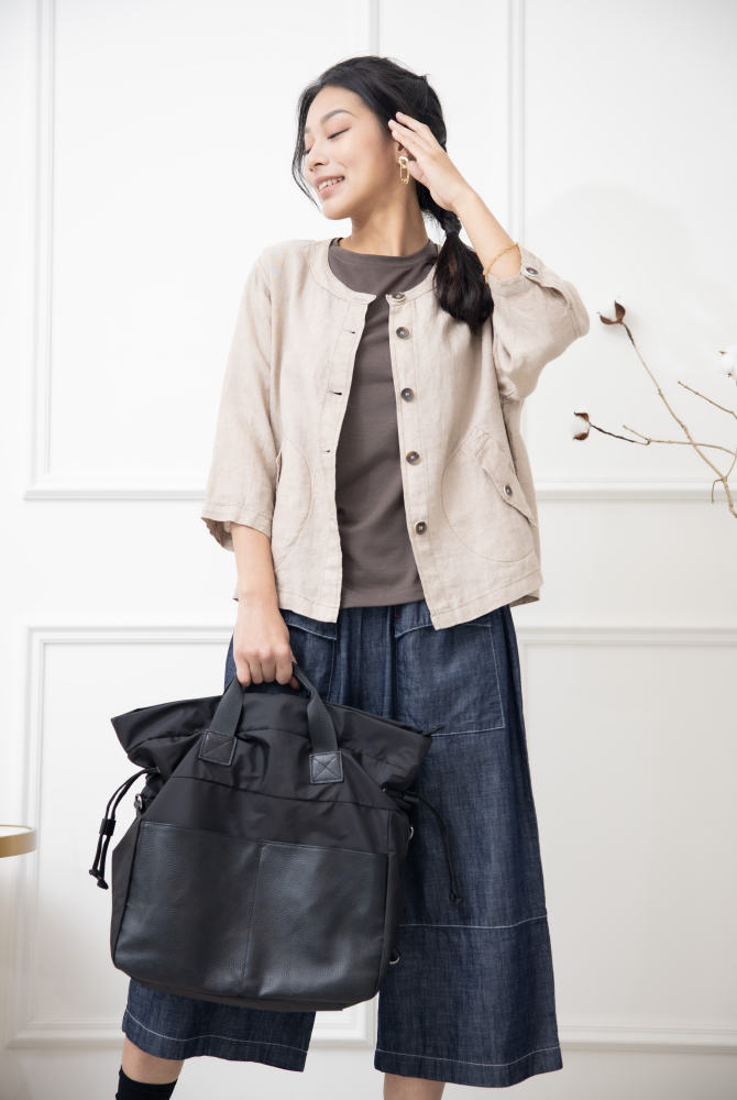 긴팔 圓領開襟七分袖上衣 / 淺卡其色