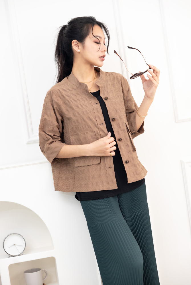 긴팔 코트 立體口袋七分袖外套 / 土色