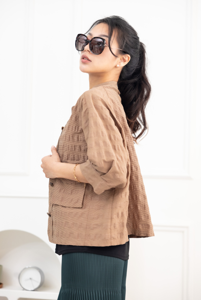 긴팔 코트 立體口袋七分袖外套 / 土色