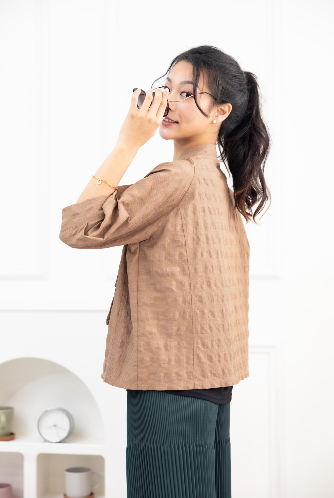 긴팔 코트 立體口袋七分袖外套 / 土色