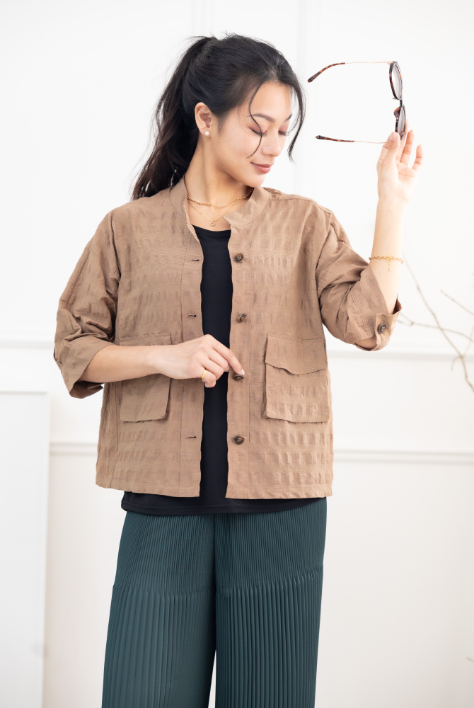 긴팔 코트 立體口袋七分袖外套 / 土色