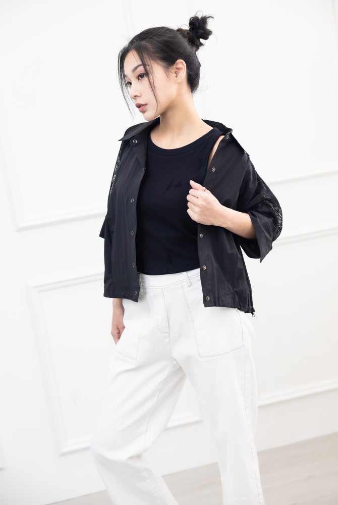 긴팔 個性洞洞五分袖外套 / 黑色