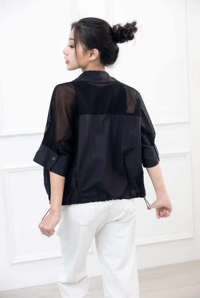 긴팔 個性洞洞五分袖外套 / 黑色