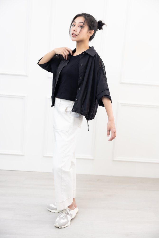 긴팔 個性洞洞五分袖外套 / 黑色