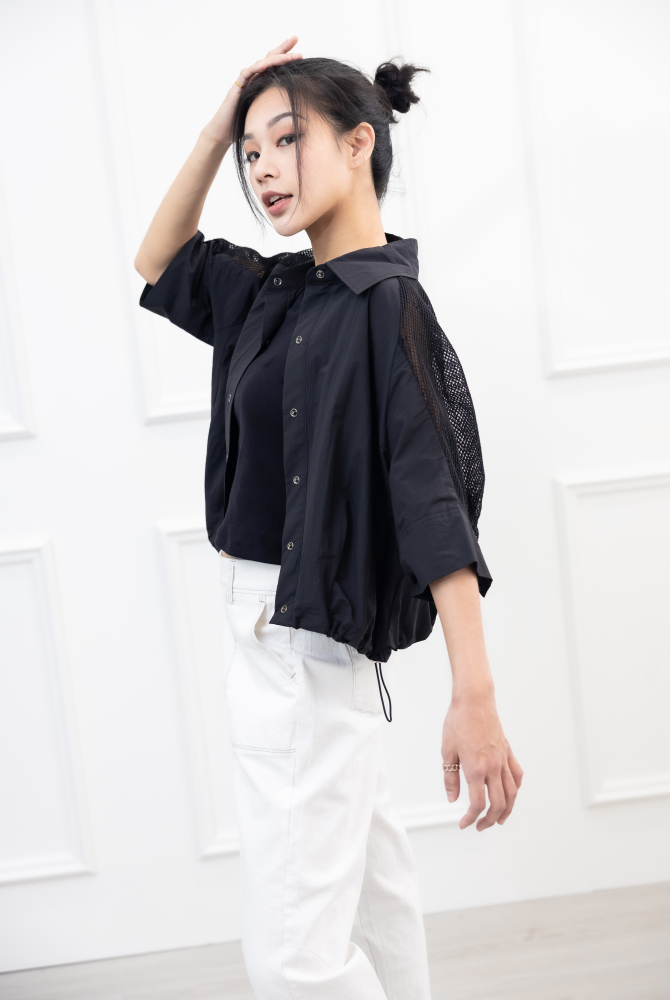 긴팔 個性洞洞五分袖外套 / 黑色