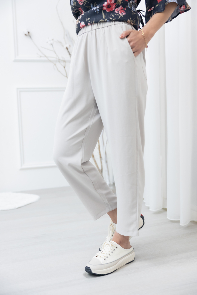 긴 바지 褲頭彈性褲頭斜口袋寬褲 / 米灰色