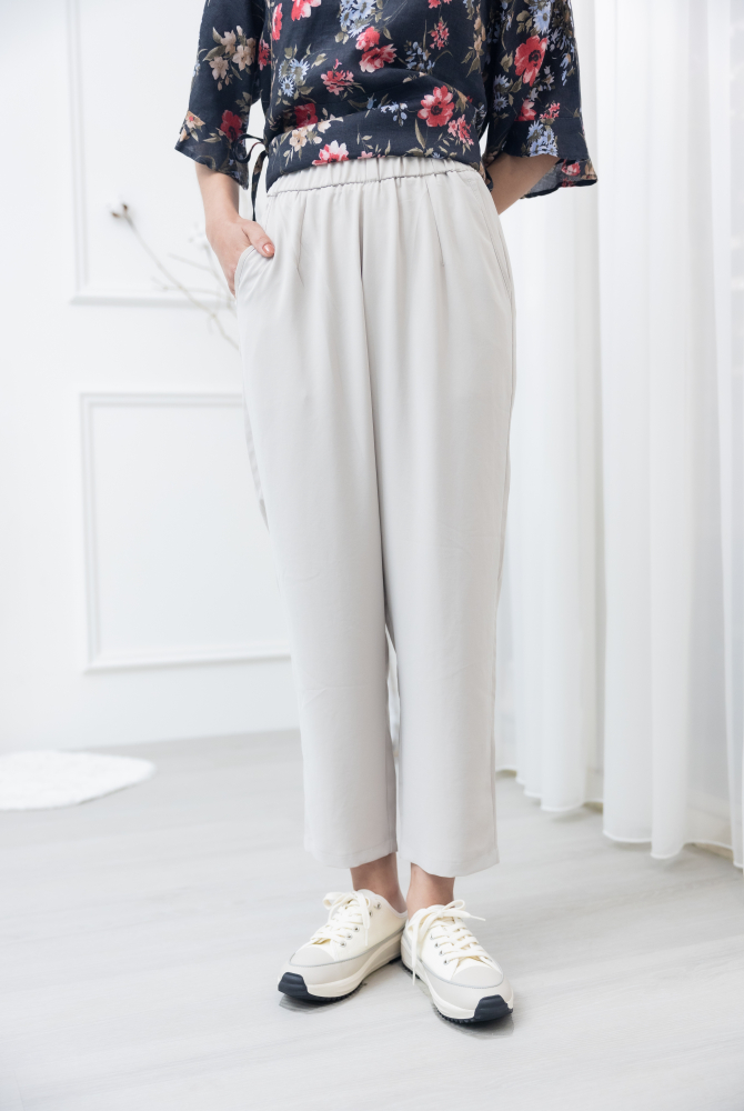 긴 바지 褲頭彈性褲頭斜口袋寬褲 / 米灰色