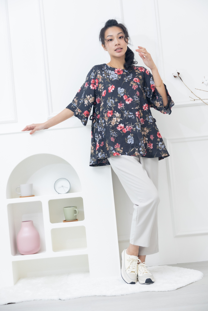 긴 바지 褲頭彈性褲頭斜口袋寬褲 / 米灰色