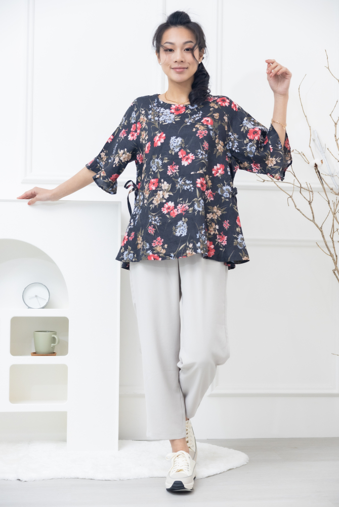 긴 바지 褲頭彈性褲頭斜口袋寬褲 / 米灰色