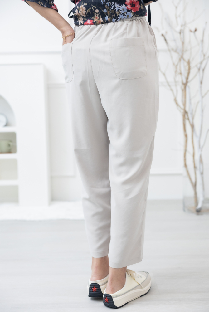 긴 바지 褲頭彈性褲頭斜口袋寬褲 / 米灰色