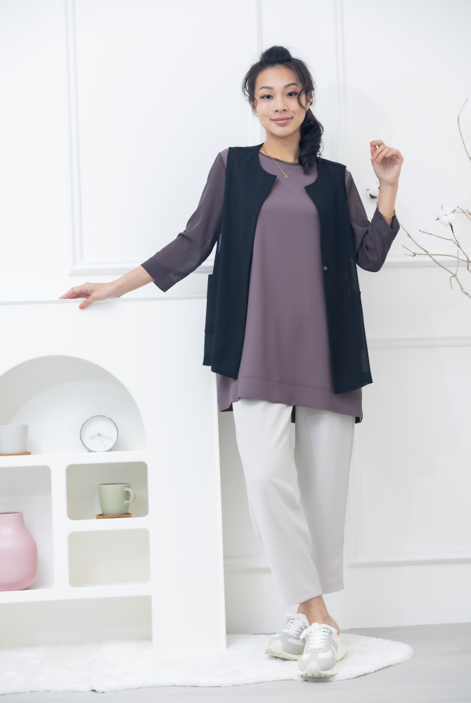 긴 바지 褲頭彈性褲頭斜口袋寬褲 / 米灰色