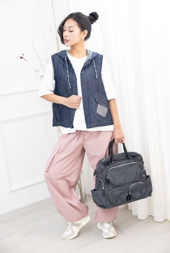 조끼 連帽造型口袋牛仔背心 / 深藍色