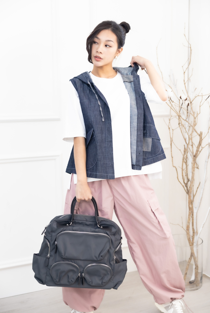 조끼 連帽造型口袋牛仔背心 / 深藍色