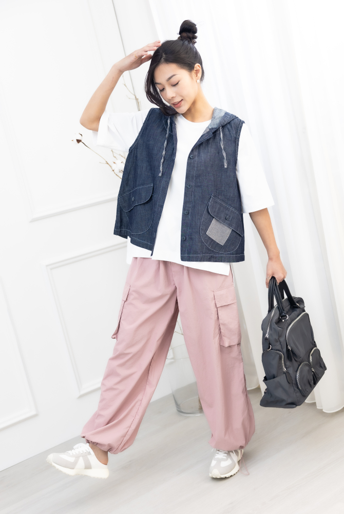 조끼 連帽造型口袋牛仔背心 / 深藍色