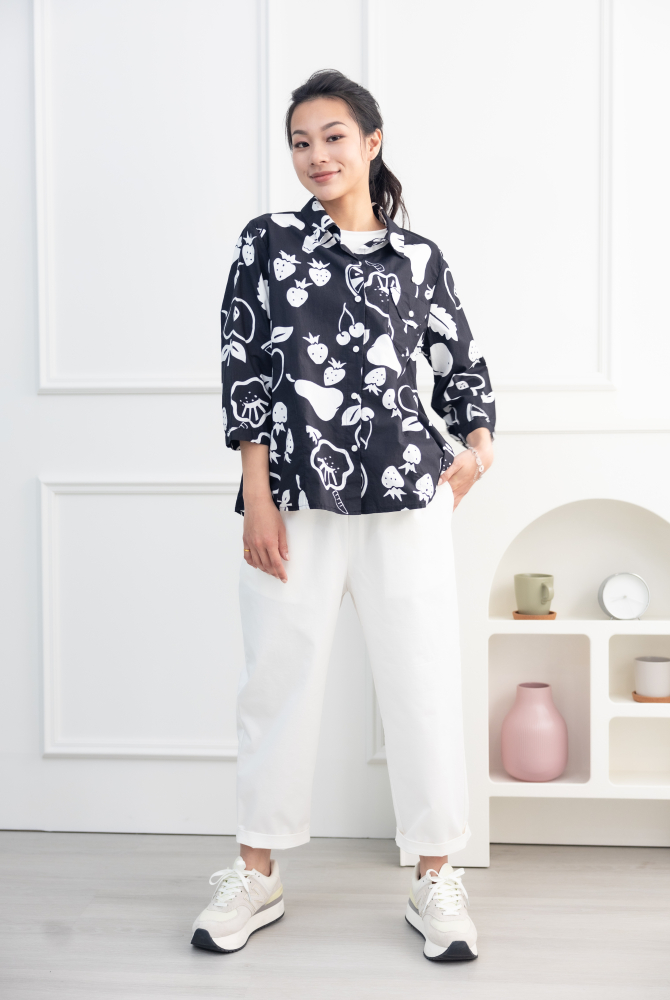 긴팔 手繪水果開襟七分袖襯衫上衣 / 黑色