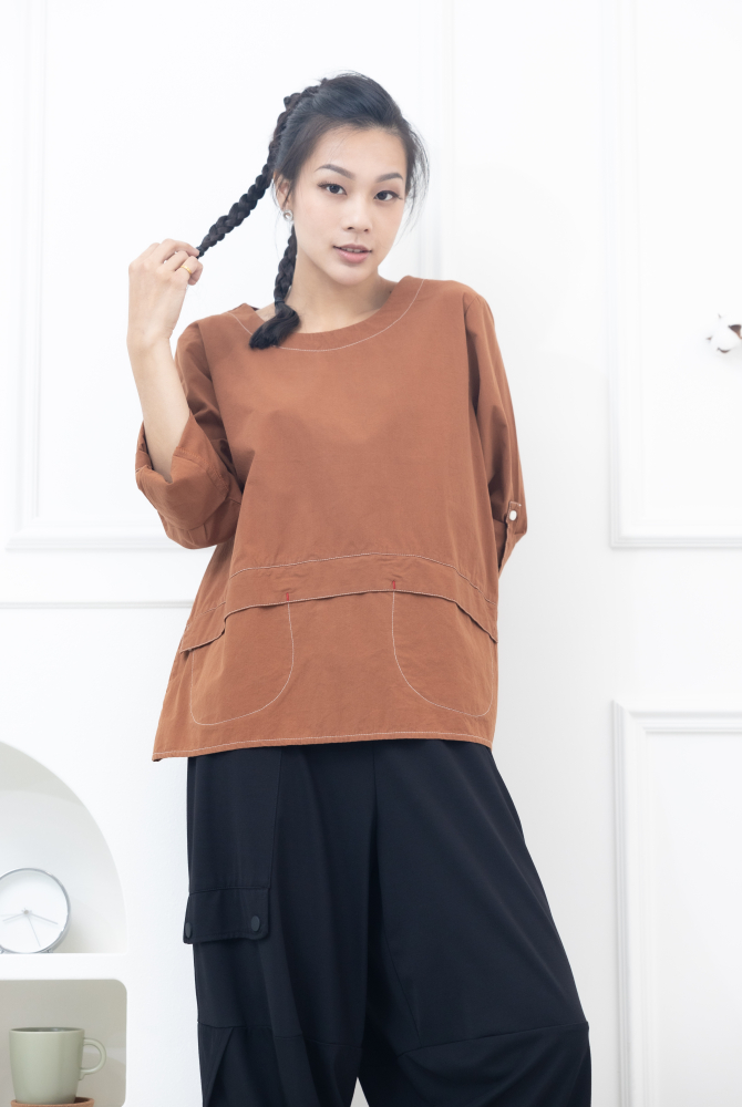 긴팔 兩側U型口袋上衣 / 磚紅棕色