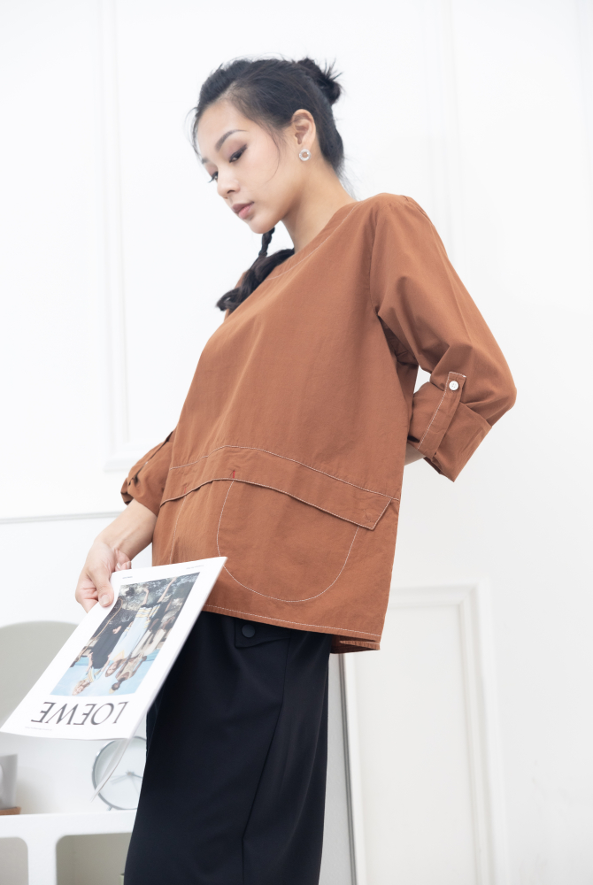 긴팔 兩側U型口袋上衣 / 磚紅棕色