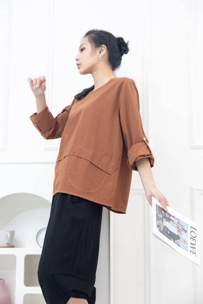 긴팔 兩側U型口袋上衣 / 磚紅棕色