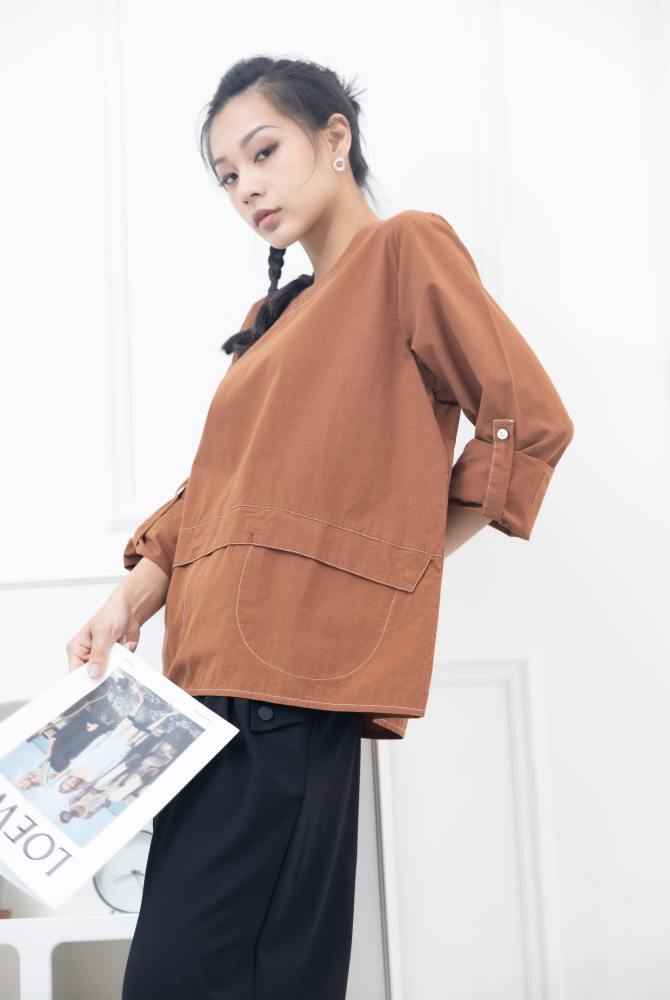 긴팔 兩側U型口袋上衣 / 磚紅棕色