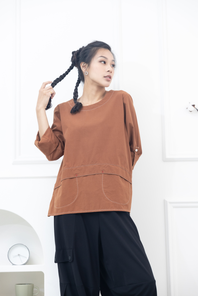 긴팔 兩側U型口袋上衣 / 磚紅棕色