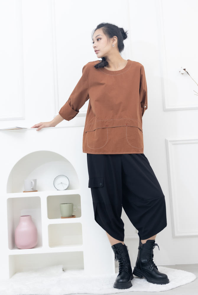 긴팔 兩側U型口袋上衣 / 磚紅棕色